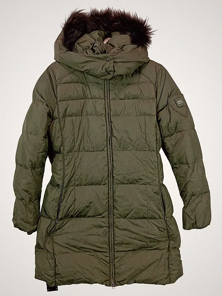 ADD Damen Steppmantel Daunenmantel Gr. M Oliv Kapuze Fellbesatz
