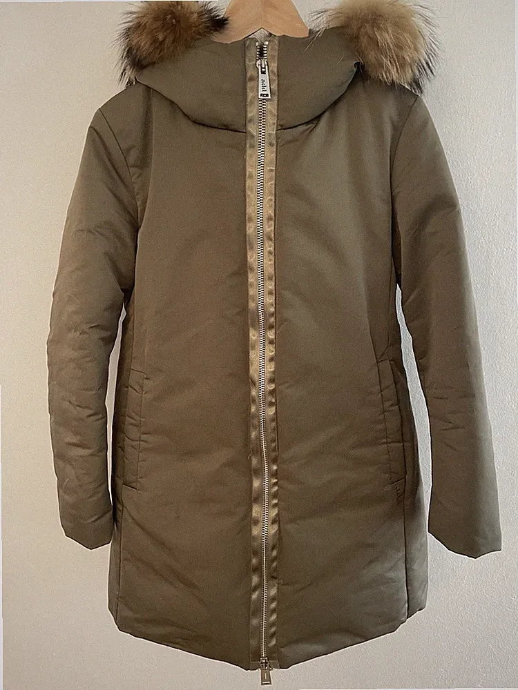 add Daunenmantel Kurzmantel Parka oliv khaki mit Echtpelz Kapuze Waschbär