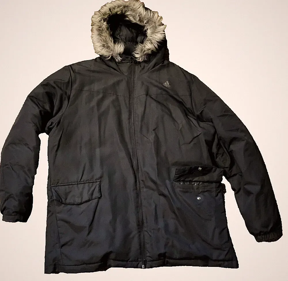adidas Herren Daunen Mantel m. Kapuze Gr. XXL, anthrazit, Kapuzen-Fell abnehmbar