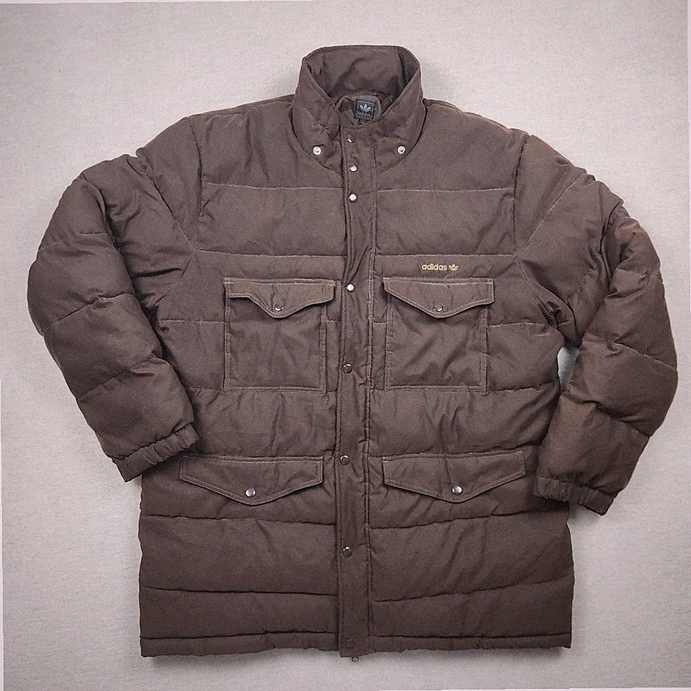 Adidas Vintage Winterjacke Herren Y2K Puffer Gr. XL Braun Daunen Retro Mantel