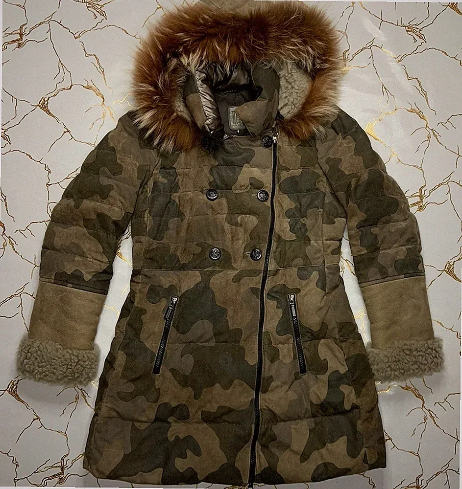 AFG 1972 Damen Camouflage Echt Daunen Leder Kapuze Mantel Jacke Parka Größe S...