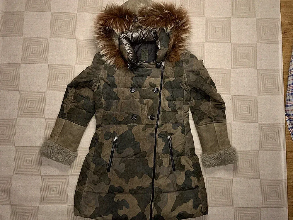 AFG 1972 Damen Echt Daunen Leder Mantel Fell Kapuze Größe Small Medium IT44