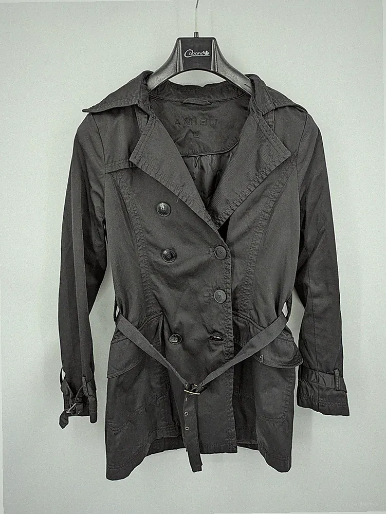 Amisu Damen Trenchcoat Jacke Gr 38 Schwarz Doppelreihig Übergangsjacke Mantel