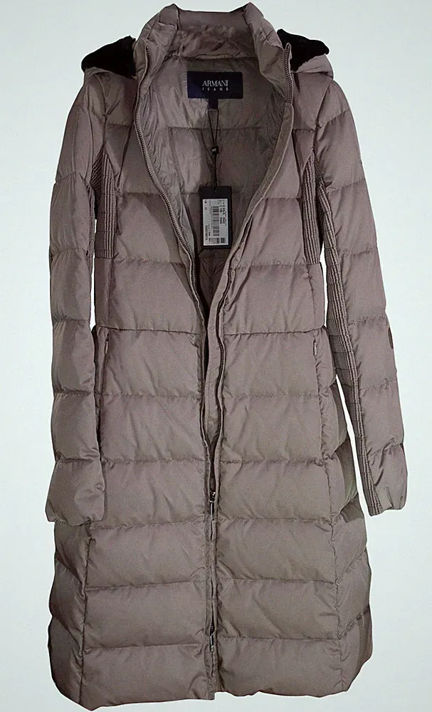 Armani Damen Mantel Winter lang beige Entendaunen Kunstfell Kapuze Größe 4