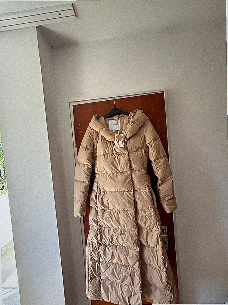 ASHBOURN Damen Daunenmantel Beige XS lang mit Kapuze gesteppt Winter