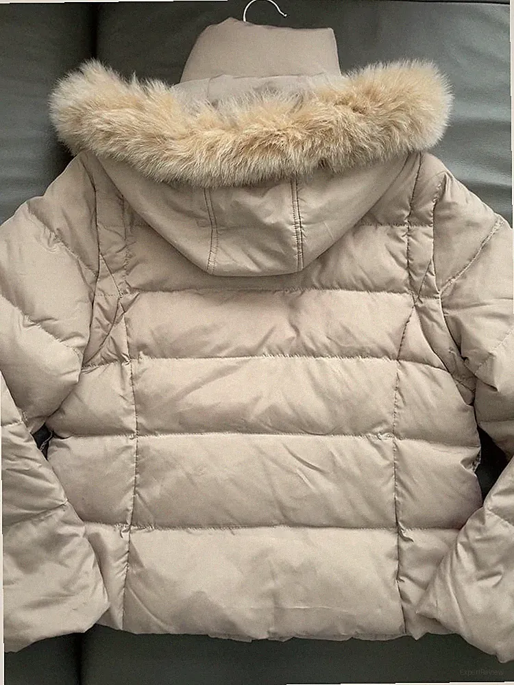 BALMAIN Daunenjacke 2-Wege beige abnehmbare Fellkapuze Größe L 58 cm Länge