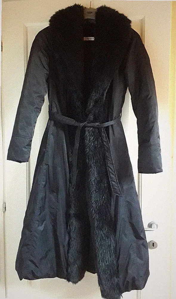BALMAIN Daunenjacke lang schwarz mit Fell Gr. EU 36/S/XS Luxus Jacke Gürtel Damen