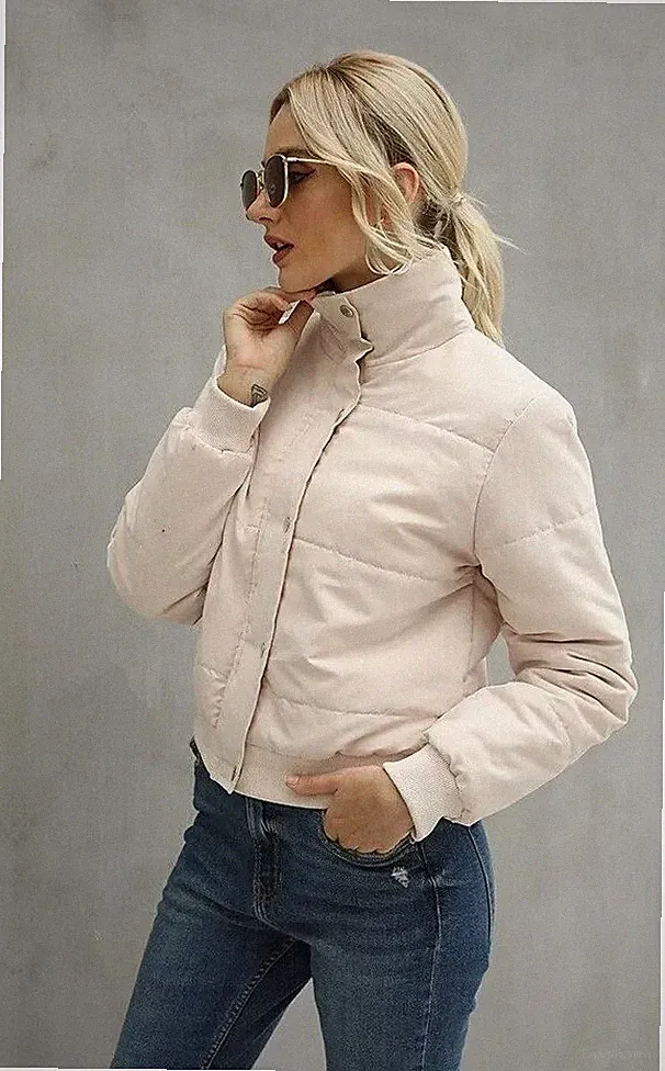Beige Slim Daunenoptik Kurz Steppjacke Mantel Damen mit Reißverschluss 1344