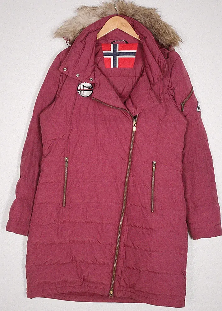 Bergans of Norway BODO Daunenmantel Jacke Damen Größe L Fell Kapuze Lang MJ6247