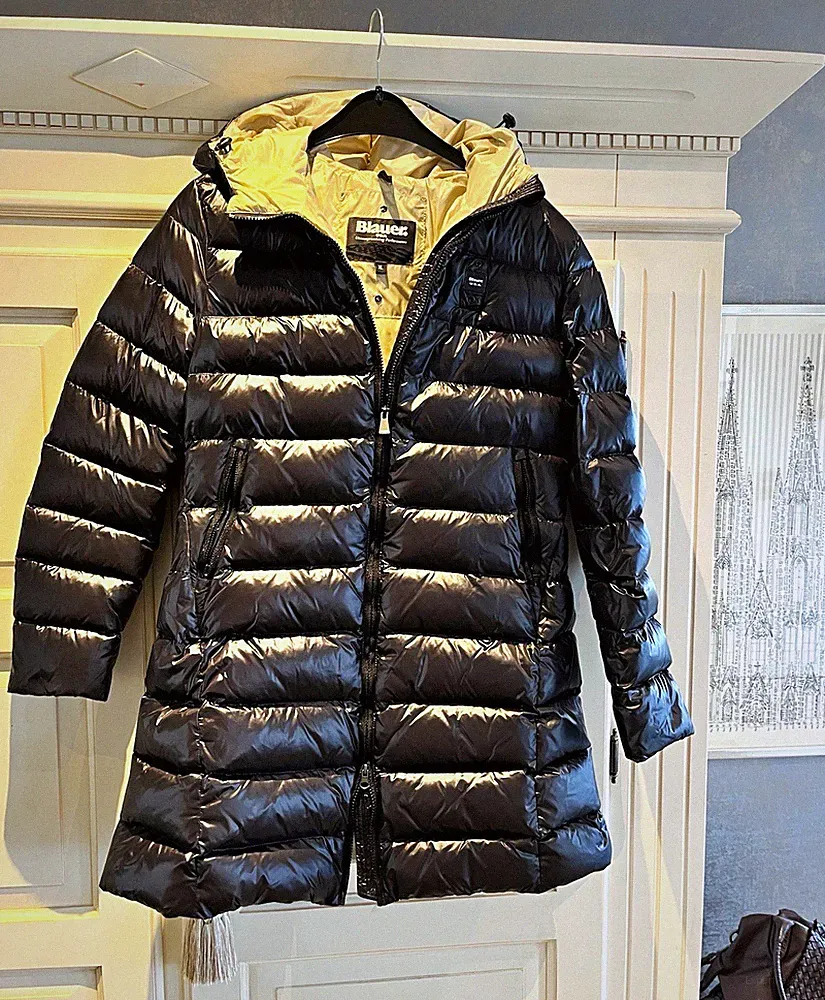 Blauer Damen Daunen Mantel mit Kapuze Schwarz gesteppt Reißverschluss XL