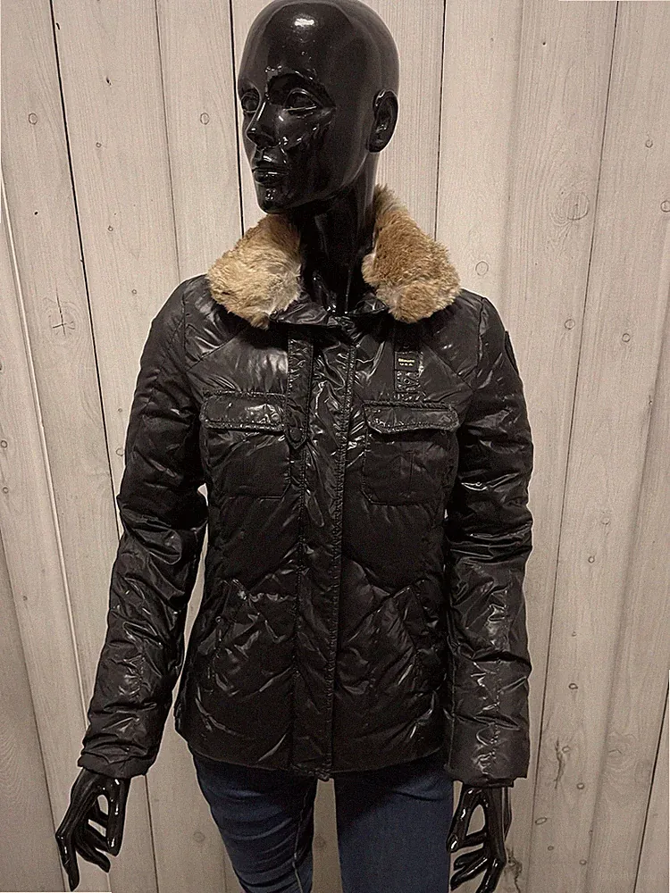 Blauer Damen Daunenjacke Größe S / 42 USA schwarz glänzend Gänsedaunen Waschbärfell