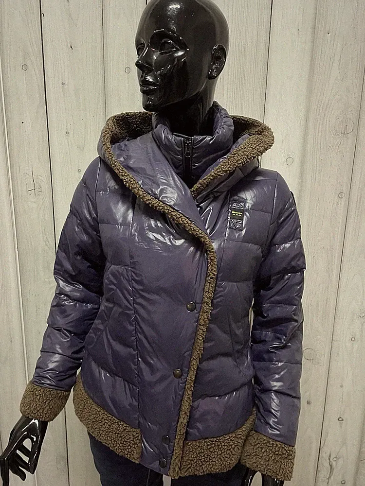 Blauer USA Daunenjacke Damen Kapuze Daunenjacke blau glänzend Öko Fell M