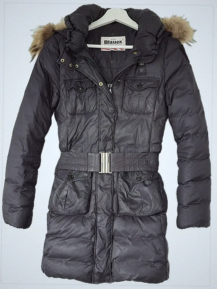 Blauer USA Daunenjacke | Daumenmantel | Pelzkapuze | Pelz | Schwarz | Gr. S / 36