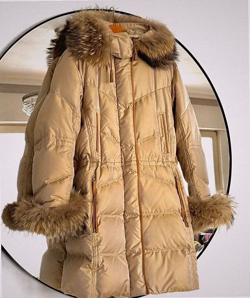 Bogner Damen Daunenmantel Gänsedaunen Beige Gr. 40 lang mit Kapuze Fellbesatz