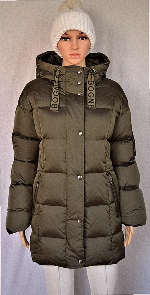 BOGNER FANJA DAMEN DAUNENMANTEL DAUNEN JACKE OLIV LOGO UVP 995€ Gr 44 XL XXL NEU