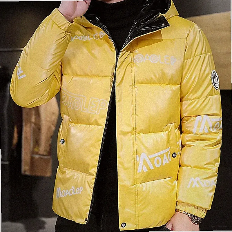 Bomberjacke Daunenjacke Synthetisch Herrenmode Hoodie Gelb Weiß Glänzend Taschen