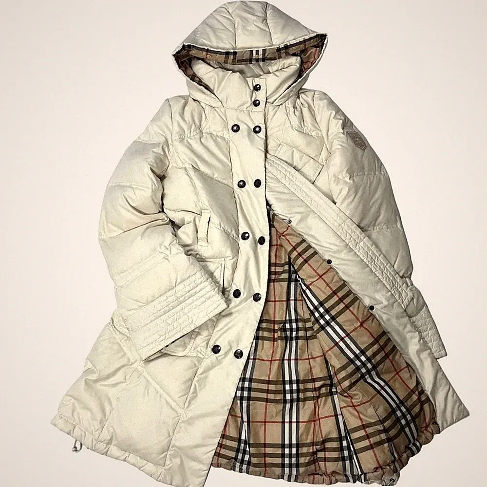 Burberry Blue Label Daunenmantel Nova Check Kapuze Pferd Logo Off White...