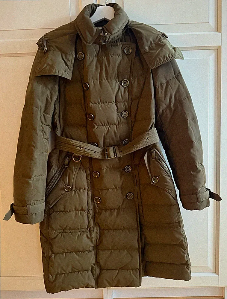Burberry Brit Damen Daunenmantel lang mit Gürtel grün kariert Größe S