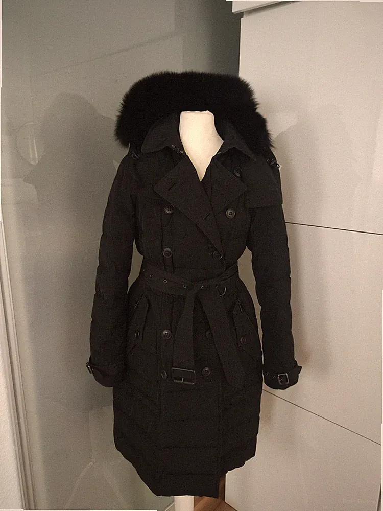 Burberry Brit Daunenmantel Trenchcoat schwarz M/38 Gürtel Echtfell