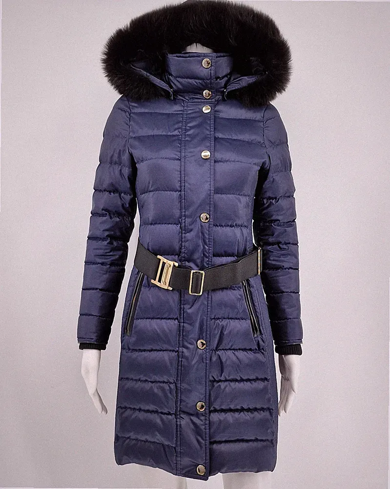 Burberry Daunenmantel mit Echtpelz, Kapuze & Gürtel in blau Größe 36