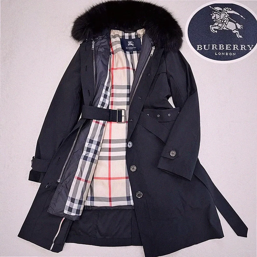 Burberry London Daunen Trenchcoat Nova Check gesteppt Fuchspelz schwarz Damen...