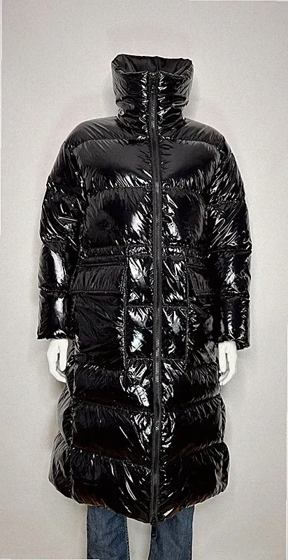 Calvin Klein Damen Daunen Steppmantel Gr. XS schwarz Lack oversized Logo