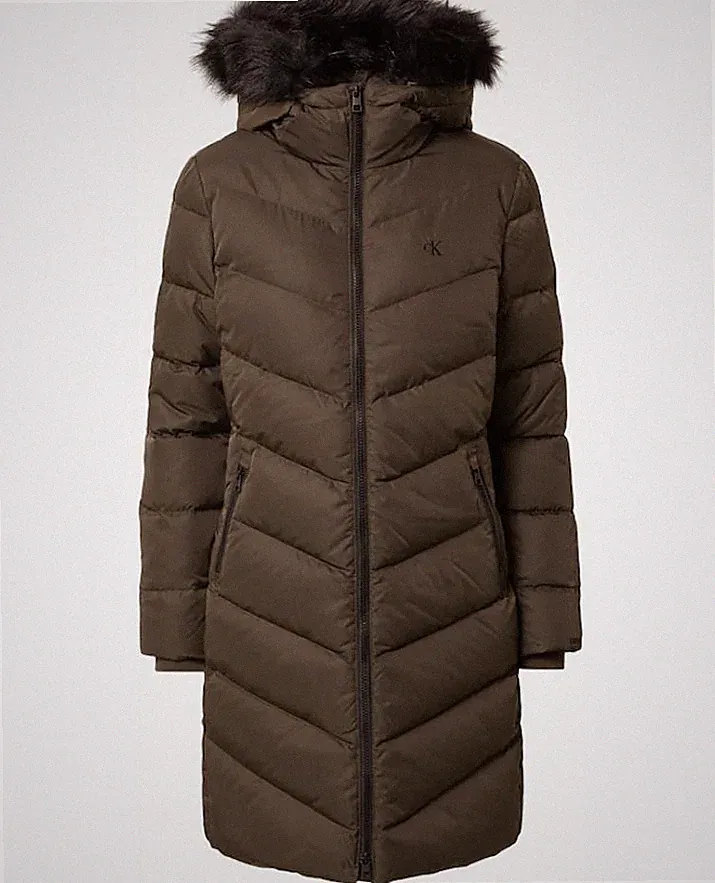 CALVIN KLEIN Damen Daunenmantel Winterjacke Steppmantel Kunstpelz oliv Gr S NEU