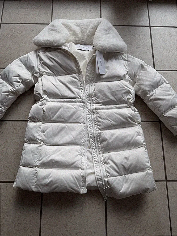 CALVIN KLEIN Lux Putier Satin Daunenmantel 70% Daunen Mega Warm S weiß Neu!