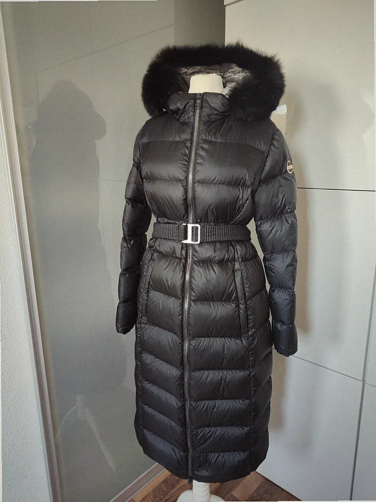 Colmar Daunenmantel extra lang schwarz Echtfell Gürtel M/38