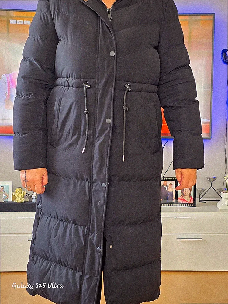 Copperrose Damen Steppmantel lang schwarz XL Kapuze Fellbesatz Reißverschluss