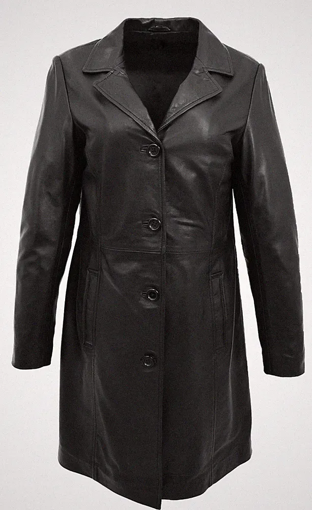 Damen 3/4 lange klassisch taillierte weiche schwarze Lederjacke knielang Knopf Mantel