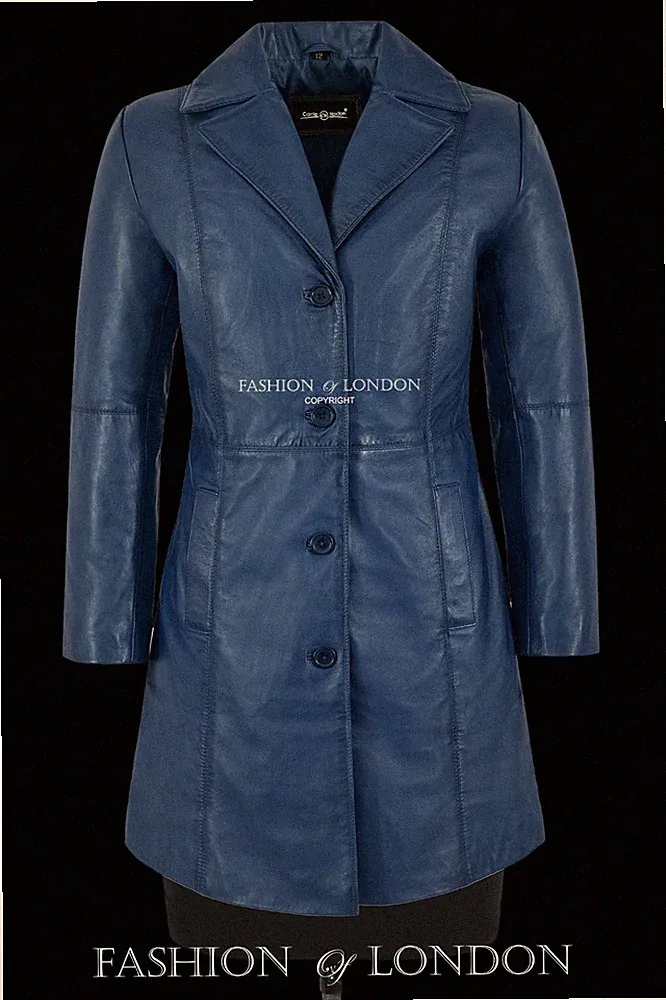 Damen Blau Lammfell Elegant Trench Echt Leder Mantel Knielang Designer Mantel
