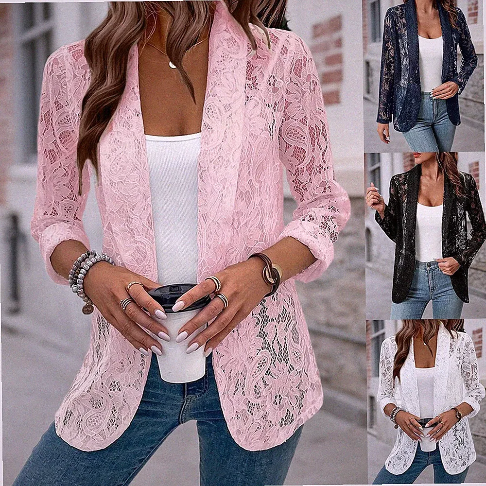 Damen-Cardigan Spitze durchsichtig vorne offen Mantel Arbeit Freizeit Tops Jacken