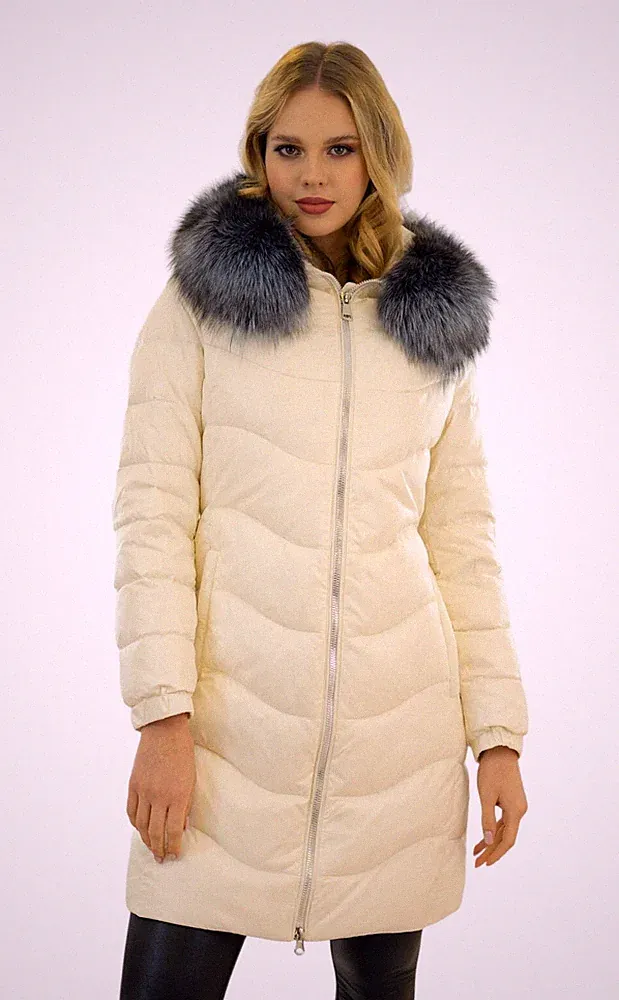 Damen Daunen Jacke Mantel Echtpelz Pelzkragen Echtfell Silberfuchs Pufferjacket