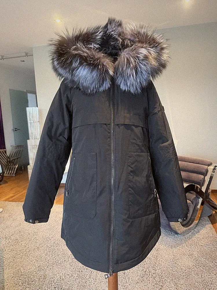 Damen Daunen Jacke Mantel von Prada Gr L Schwarz Echt Pelz Kragen