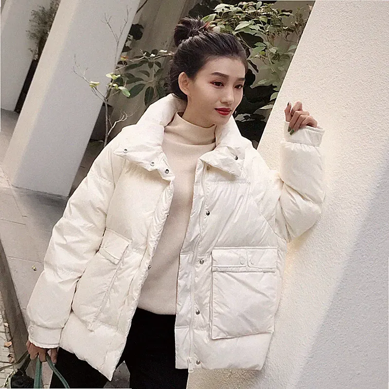 Damen Daunen Mantel Pufferjacke Dick Outwearlinie Leichter Mantel Langarm Weiß