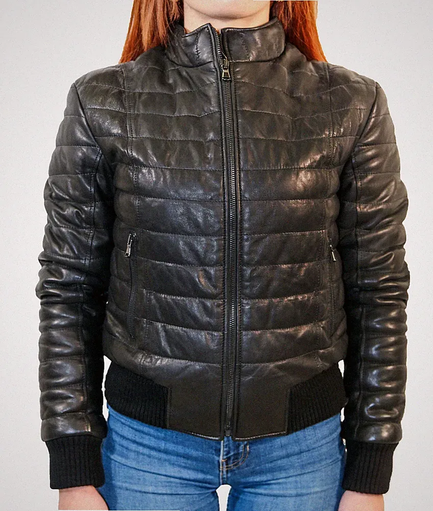 Damen Daunenjacke Echtleder Schwarz Winter Bomberjacke VIETRI LEATHER