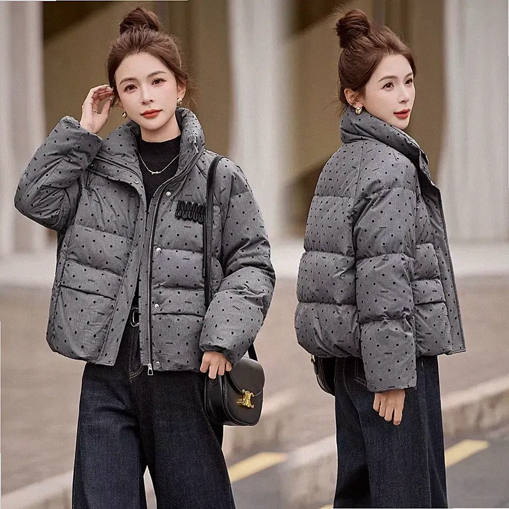 Damen Daunenjacke grau A Pois mit Stehkragen kurz Winter Casual Style CF62853