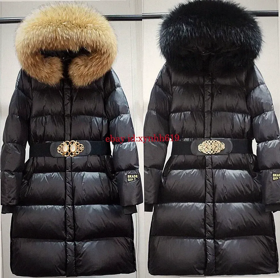 Damen daunenjacke Herren Winterjacke Echtpelzkragen Lang Mantel Parka mit Gürtel