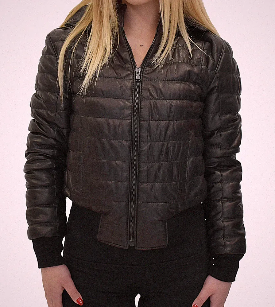 Damen Daunenjacke Kapuze Echtleder Schwarz Bombermantel Winter VIETRI LEATHER
