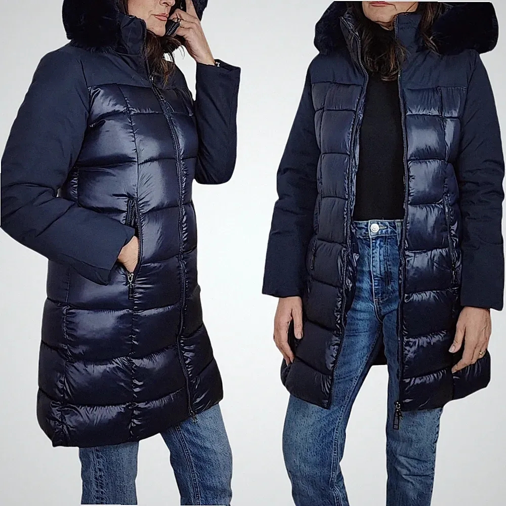 Damen Daunenjacke lang Kapuze Winter Steppjacke elegant warm Veque