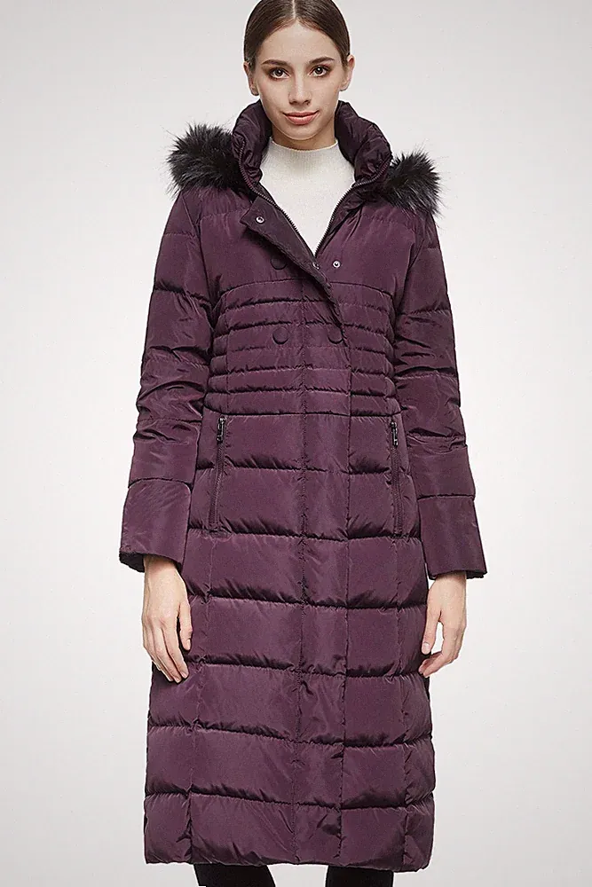 Damen Daunenjacke mit Langem PelzKapuzenmantel mit Raglanärmeln Lila XXL