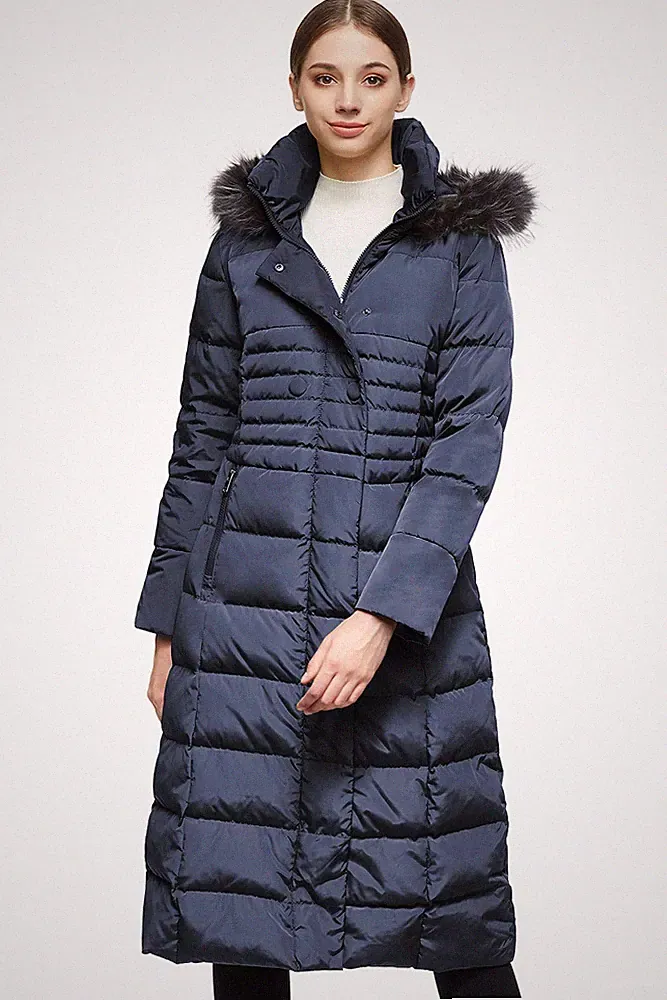 Damen Daunenjacke mit Langem PelzKapuzenmantel mit Raglanärmeln Marine XXL