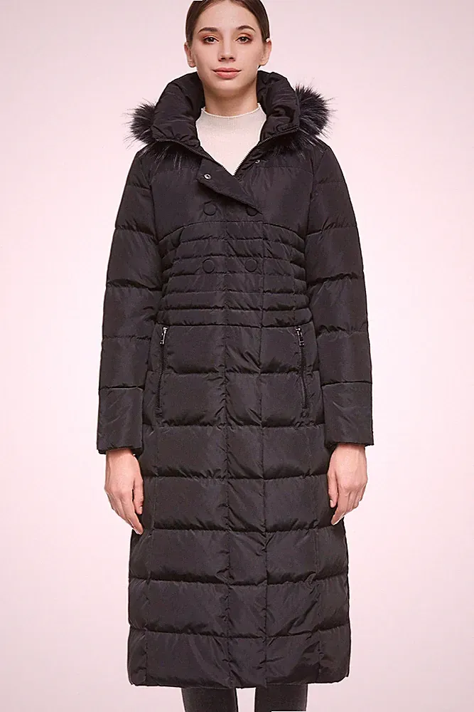 Damen Daunenjacke mit Langem PelzKapuzenmantel mit Raglanärmeln Schwarz L