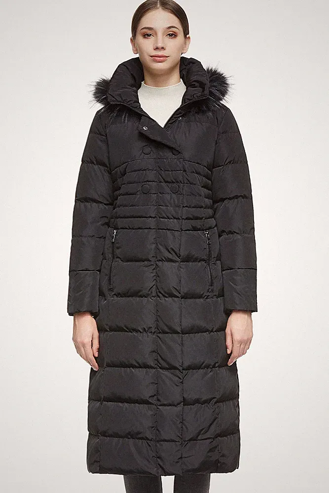 Damen Daunenjacke mit Langem PelzKapuzenmantel mit Raglanärmeln Schwarz XXL