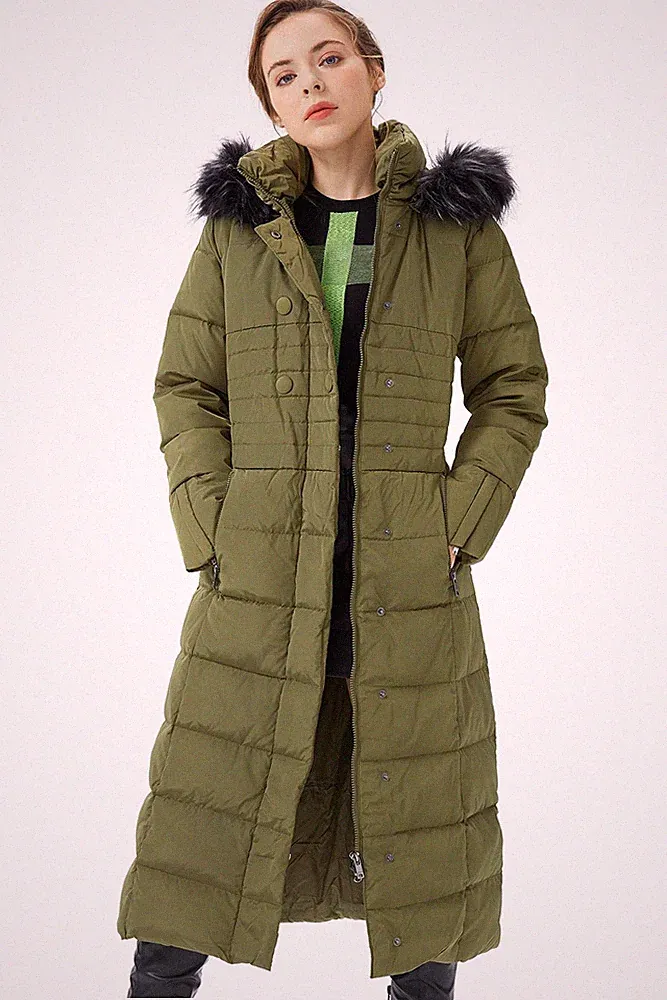 Damen Daunenmantel Lang Warm Winterjacke mit Kapuze Kunstpelz Female Mittella...