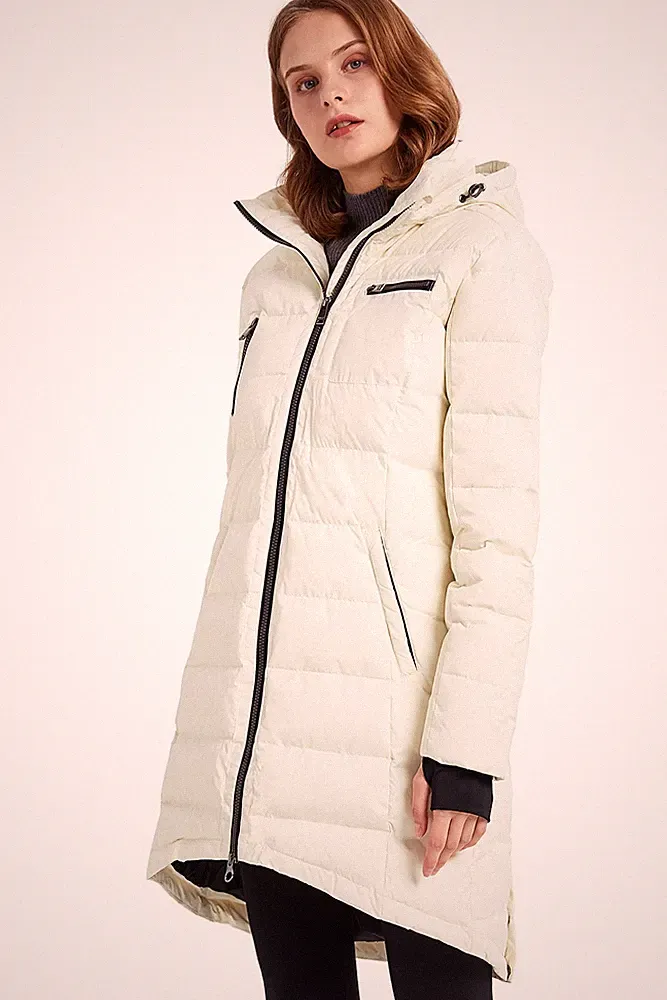 Damen Daunenmantel Winterjacke Langarm, Creme, XXL