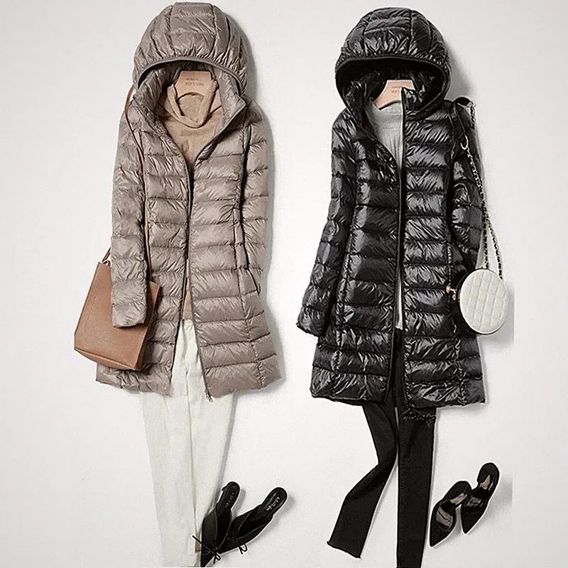 Damen Daunenmantel XL Lang Abnehmbare Kapuze Büro Winterjacke Übergangsjacke Her