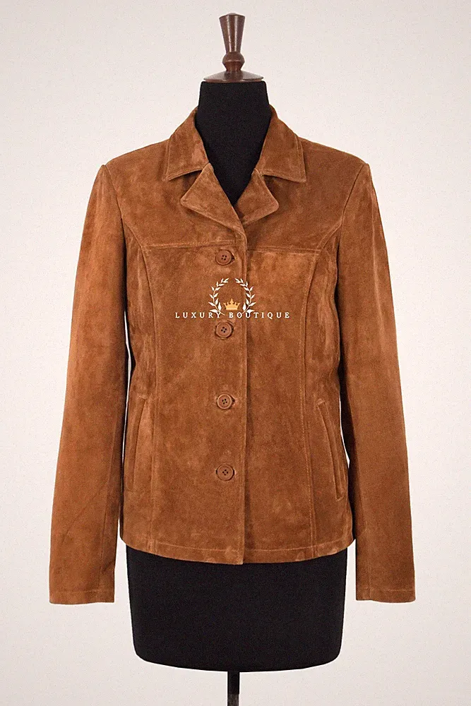 Damen Echtleder hellbraun Wildleder klassischer Blazer Stil Box Knöpfe Jacke Jennifer