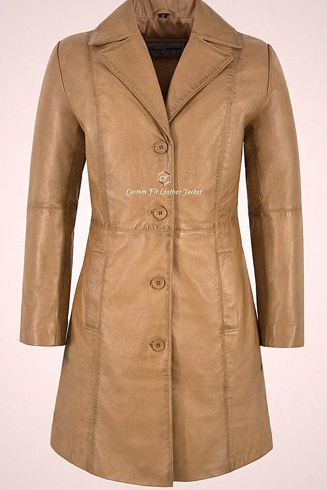 Damen Eleganter Trench Echt Leder Mantel Beige Lammfell Knielang Designer Mantel